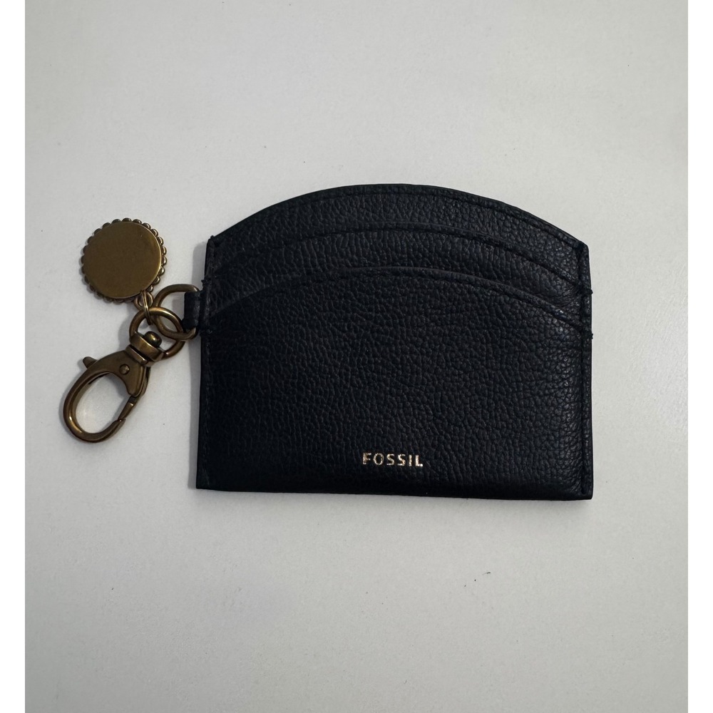 Fossil Black Pebbled Leather Card Case Keychain Wallet Gold Logo Charm Slim